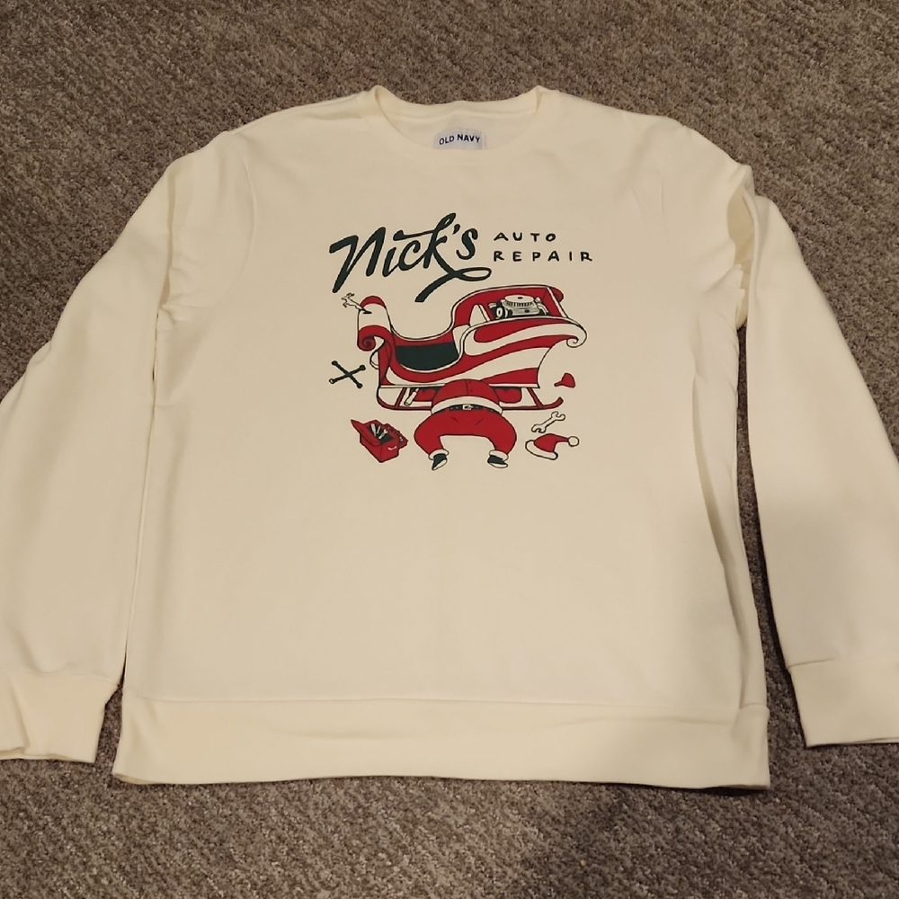 Old Navy Cream Graphic Men's Crewneck Sweater Size Large PTP 23 Inches Length 27